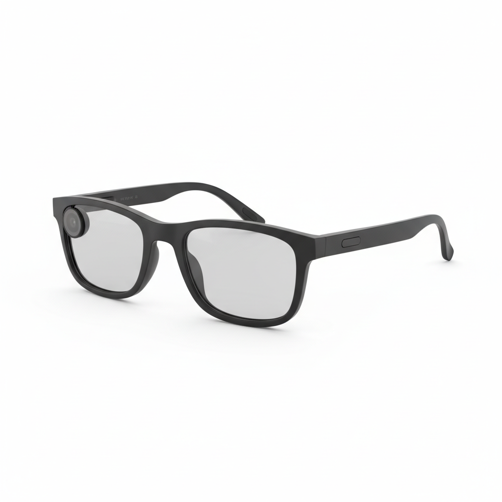 Sleek matte black AI smart glasses with built-in camera and speaker