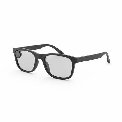 Sleek matte black AI smart glasses with built-in camera and speaker
