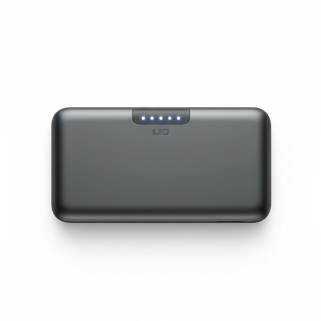 Slim gunmetal gray portable power bank with LED charge indicator