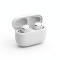 White wireless Bluetooth noise-cancelling earbuds in sleek charging case