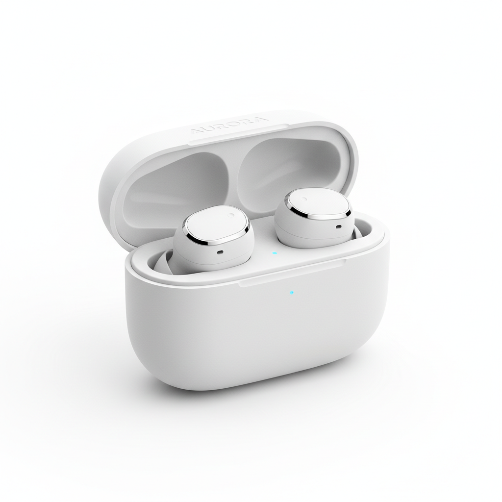 White wireless Bluetooth noise-cancelling earbuds in sleek charging case